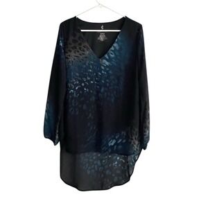 Vintage Juicy Couture Blouse Tunic Top Large High Low Black Blue Semi Sheer NWT